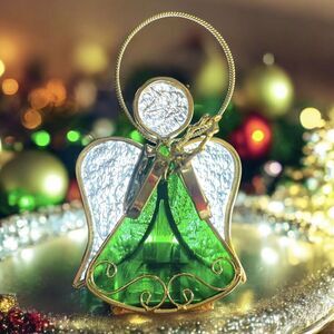 VTG Stained Glass Green & Gold Tone Metal Angel Tealight Votive Candle Holder